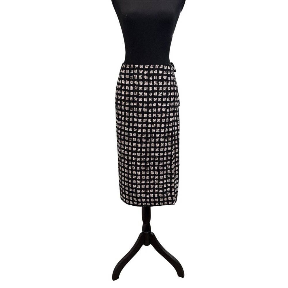 Vintage Katherine Kelly Silk Black Print Wrap Skirt Size 12
